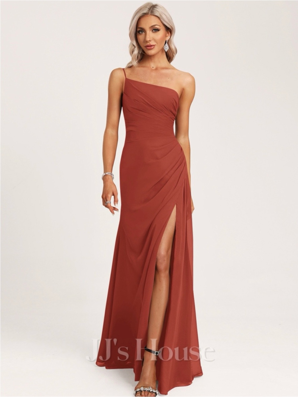 One-Shoulder Rust Evening Gown with Side Slit